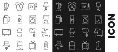 Hat karıştırıcı, mutfak kıyma makinesi, müzik çalar, TV kutusu alıcısı ve uzaktan kumandayla, uzaktan kumandayla, elektrik bankasının farklı elektrik kablosu ve simgesi. Vektör