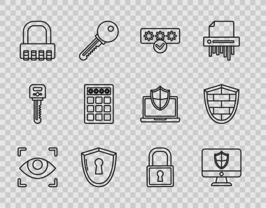 Hat göz taramasını, bilgisayar monitörünü ve kalkanını, şifre korumalı güvenlik erişimini anahtar delikli kalkanı, güvenlik kilidini ve siber güvenlik duvarı simgesini ayarla. Vektör