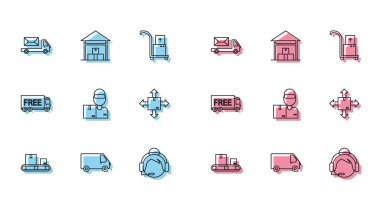 Karton kutulu konveyör bandı, kargo kamyonu aracı, postacı, iletişimde destek operatörü, adam kutuları, karton trafik sembolü, ücretsiz dağıtım servisi ve Depo simgesi. Vektör