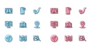 Çizgi kağıttan uçak, konum işaretleyicili katlanmış harita, şehir navigasyon bilgileri, harita işaretleyici ev, monitör ve katlanmış ve simge. Vektör