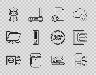 Satır Uzaktan Kontrolü, Sim kartı, Dosya belgesi, kutuda Hava kulaklıkları, İşlemci, Bilgisayar oyunu konsolu, Laptop ve Tablet simgesi ayarla. Vektör