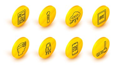 Hat Yönlendirici ve Wi-Fi sinyali, Mobil grafik şifre koruması, Kilit dijital devre kartı, Sanal gerçeklik gözlükleri, metin 5k ile Tablet, İnternet, Gamepad ve 3D yazıcı simgesi. Vektör