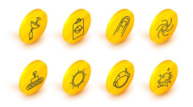 Gezegen, astronot miğferi, Güneş, Mars gezgini, kara delik, uydu ve Radar ikonu. Vektör