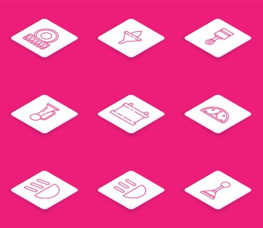 Hat tekerleği, huni veya filtre ve motor yağı damlası, motor pistonu, sinyal kornası aracı, batarya, hız göstergesi, yüksek ışın ve simge. Vektör