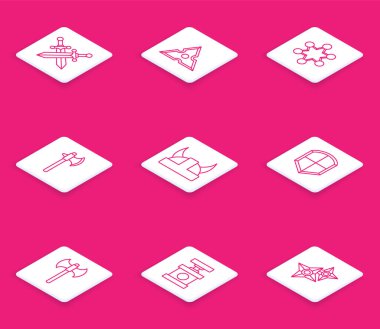 Orta çağ kılıcını, Japon ninja shuriken, polis rozeti, ortaçağ baltası, Viking boynuzlu miğferi, kalkanı ve dinamit ikonu için fünye. Vektör