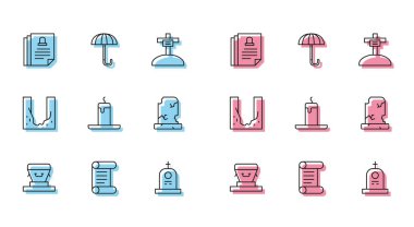 Coffin, Decree, parşömen, parşömen, parşömen, ölüm sertifikası, mezar taşı, yanan mum, eski mezar, mezarlık kazılmış çukur ve Şemsiye ikonu. Vektör