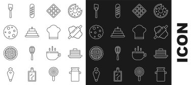 Süt için sıra konteynırı, krep yığını, rulo pin hamuru, waffle, yanan mumlu kek, kurabiye bisküvisi, Spatula ve şef şapkası ikonu. Vektör