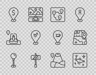 Line Push pimi, Büyük Ayı takımyıldızı, rota konumu, trafik işareti, nakit para, işaretli konum, dağ ve şehir haritası ikonu. Vektör