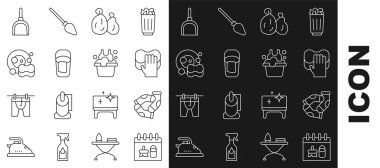 Çizgi temizleme takvimi, çorap, servis, çöp torbası, paçavra dolu kova, bulaşık deterjanı, faraş ve havza sabunu ikonu. Vektör