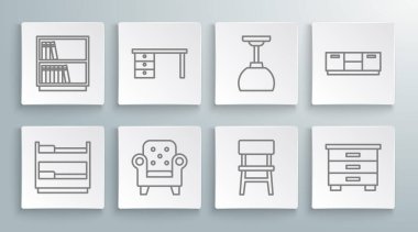 Ranza, ofis masası, Koltuk, mobilya sehpası, lamba asma ve kütüphane kitaplığı ikonu. Vektör