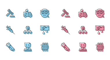 Polis elektrik şoku, adam kaçırma, yargıç tokmağı, dinamit ve zamanlayıcı, mafya, kanlı para, şırınga ve televizyon haberleri ikonu. Vektör