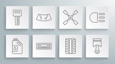 Motor yağı, kırık ön cam, araba sesi, tekerlek pistonu, tekerlek pistonu, tekerlek anahtarı, uzaktan kumandalı yüksek kiriş ve anahtar ayarlayın. Vektör