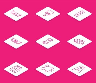 Hat sicaklik yikama, pencereler için lastik temizleyici, giysi tokasi, iplik, havlu, deterjan ve sabun köpükleri ikonu ayarla. Vektör