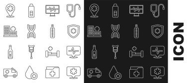 Hat konumu hastanesi, kalp atış hızı, hayat sigortası kardiyogram, DNA sembolü, hastane binası ve medikal termometre ikonu olan monitör. Vektör
