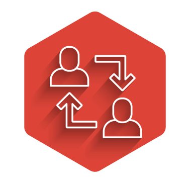 Beyaz çizgi Proje ekibi üs simgesi uzun gölgeli izole edildi. İş analizi ve planlama, danışmanlık, takım çalışması, proje yönetimi. Kırmızı altıgen düğmesi. Vektör.