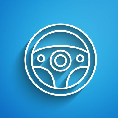 Mavi arka planda beyaz çizgi direksiyon simgesi izole edildi. Araba tekeri ikonu. Uzun gölge. Vektör.