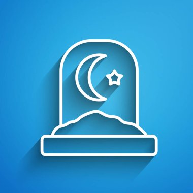 Mavi arka planda beyaz çizgi Müslüman mezarlığı ikonu var. İslami mezar taşı. Uzun gölge. Vektör