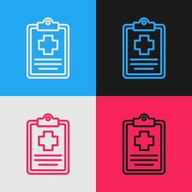 Pop Art Line Medikal panosu. Renkli arka planda izole edilmiş klinik kayıt simgesi. Reçete, tıbbi kontrol işaretleri raporu. Vektör