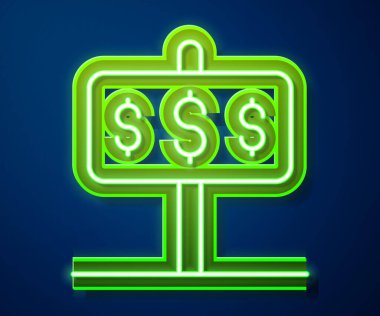 Mavi arka planda dolar sembolü olan parlak neon çizgili ev. Ev ve para. Emlak konsepti. Vektör