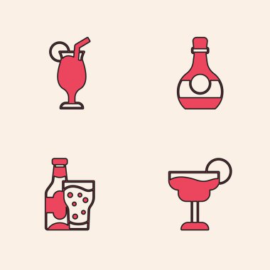 Kokteyl, bir şişe konyak, brendi ve bira şişesi ikonu hazırla. Vektör