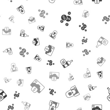 Parayı dolar, satıcı, şarap şişesi ve kredi kartıyla kusursuz bir şekilde ayarlayın. Vektör