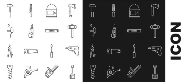 Set Line Schneeschaufel Elektrische Heißklebepistole Vorschlaghammer Farbeimer Schreibwarenmesser Handbohrmaschine Hammer — Stockvektor