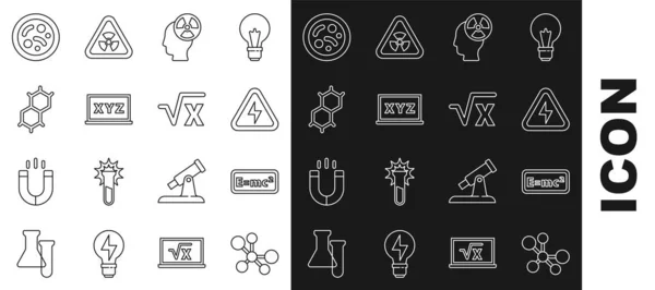 Set Line Molecule Vergelijking Oplossing Hoogspanning Hoofd Stralingssymbool Xyz Coordinaat — Stockvector