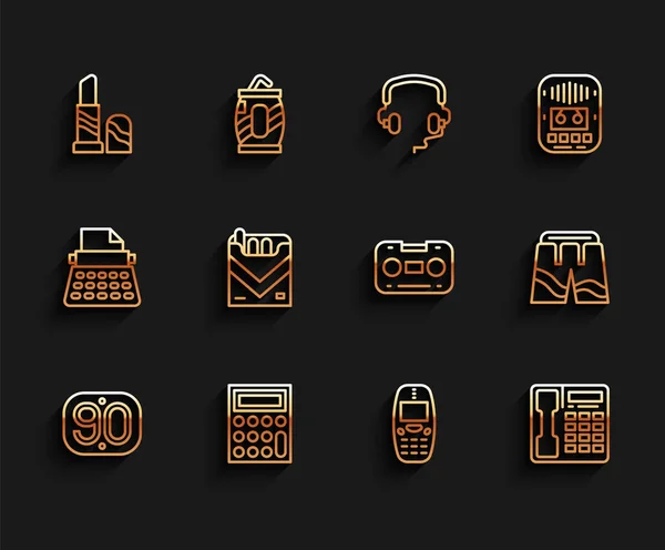 Set Line 90S Retro Calculadora Lápiz Labial Teléfono Móvil Antiguo — Vector de stock