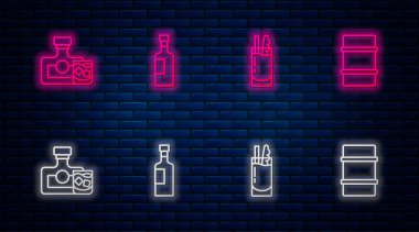 Çizgi şarap şişesi, kokteyl Bloody Mary, viski ve bardak ve metal bira fıçısı. Tuğla duvarda parlayan neon simgesi. Vektör