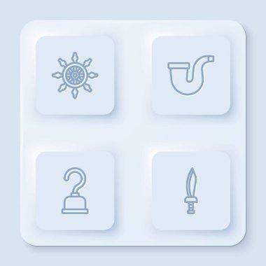 Gemi direksiyonu, tüttürme borusu, korsan kancası ve kılıç ayarlayın. Beyaz kare düğme. Vektör