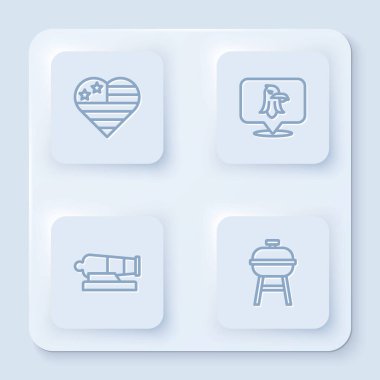 ABD Bağımsızlık Günü, Eagle, Cannon ve Barbekü Izgara Hattı 'nı ayarlayın. Beyaz kare düğme. Vektör