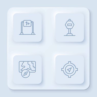 Yol trafik işaretini ayarla, dur, şehir haritası navigasyon ve pusula. Beyaz kare düğme. Vektör