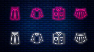 Çizgili süveter, gömlek, pantolon ve etek. Tuğla duvarda parlayan neon simgesi. Vektör
