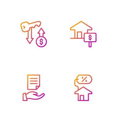 House 'u percant, kontrat, kira anahtarı ve dolarla ayarla. Renk simgeleri. Vektör