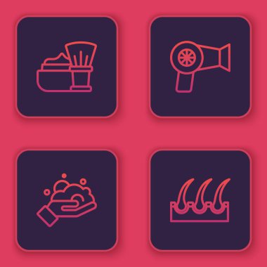 Tıraş fırçasını köpükle, saç kurutma makinesiyle ve insan saç köküyle ayarla. Mavi kare düğme. Vektör