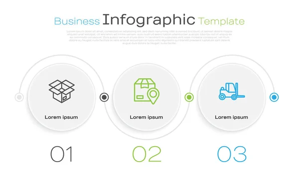 Set Line Déboxe Emplacement Avec Carton Chariot Élévateur Modèle Infographie — Image vectorielle