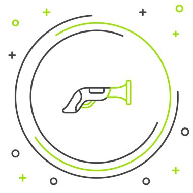 Beyaz arkaplanda izole edilmiş çizgi klasik tabanca ikonu. Eski bir silah. Renkli taslak konsepti. Vektör