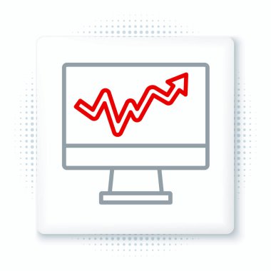 Grafik çizelgesi simgesi olan çizgi bilgisayar monitörü beyaz arkaplanda izole edildi. Metin dosya simgesini rapor et. Muhasebe tabelası. Denetim, analiz, planlama. Renkli taslak konsepti. Vektör