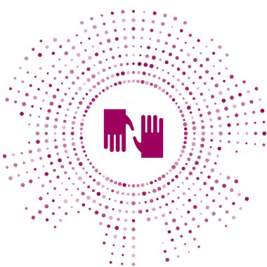 Beyaz arka planda izole edilmiş mor lastik eldiven ikonu. Lateks el koruması işareti. Ev işi temizlik ekipmanları sembolü. Soyut çember rastgele noktalar. Vektör.