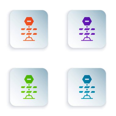 Renk Yolu bariyeri simgesi beyaz arkaplanda izole edildi. İnşaat sürecinde olan yasak bölgenin sembolü. Onarım işe yarıyor. Kare düğmelere renkli simgeleri yerleştir. Vektör