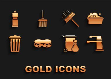 Sabun köpüklü Sünger Plastik leğeni sıvı bulaşık deterjanı ve süpürge simgesi için çöp tenekesi sileceği şişeleriyle ayarla. Vektör.