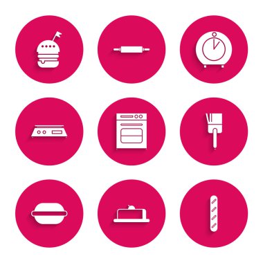 Oven Strawberry peynirli kek dilimi Fransız baget ekmeği fırçalı Macaron kurabiyesi, elektronik ölçekli zamanlayıcı ve Burger ikonu hazırla. Vektör.