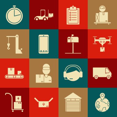 Dünya çapında, teslimat kamyonu aracı, paketli İHA, dağıtım listesi panosunun doğrulanması, cep telefonu uygulama takibi, Liman portu vinci, Stopwatch ve Açık posta kutusu simgesi. Vektör