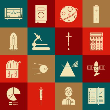 Not Defteri, Uydu, Hesap Makinesi, Gezegen, Mikroskop, Uzay Mekiği ve Roketler, Kardiyogram ve Pipette ikonlu Bilgisayar monitörü. Vektör