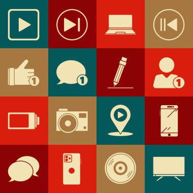 Smart Tv, Akıllı Telefon, Cep Telefonu, Arkadaşa Ekle, Laptop, Konuşma Baloncuğu Sohbeti, Kare ve Silgi simgesiyle El Oynat. Vektör