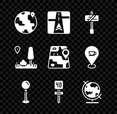 Dünyanın konumunu, haritalı GPS cihazını, trafik işaretini, pimi, Dünya 'yı, şehir navigasyonunu ve ikonu ayarla. Vektör