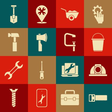 El testeresi, işçi kaskı, kova, el arabası, tahta balta, çekiç, kürek ve klemp vida ikonu. Vektör