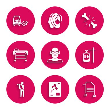 Zayıf görme, röntgen görüntüleri, Walker, serum, kırık kol, sedye, kemik ve sakat araba ikonu. Vektör