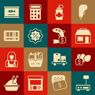Elektronik ölçekler, yumurta için fiyat etiketi, market, sos şişesi, indirimli yüzde, barkod, konserve balık ve ikon. Vektör