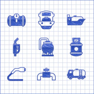 Petrol deposu, metal borular ve valf, tanker kamyonu, propan gazı, elektrik kablosu şarjı, benzin pompası başlığı, tanker gemisi ve araç simgesi için ayarlayın. Vektör